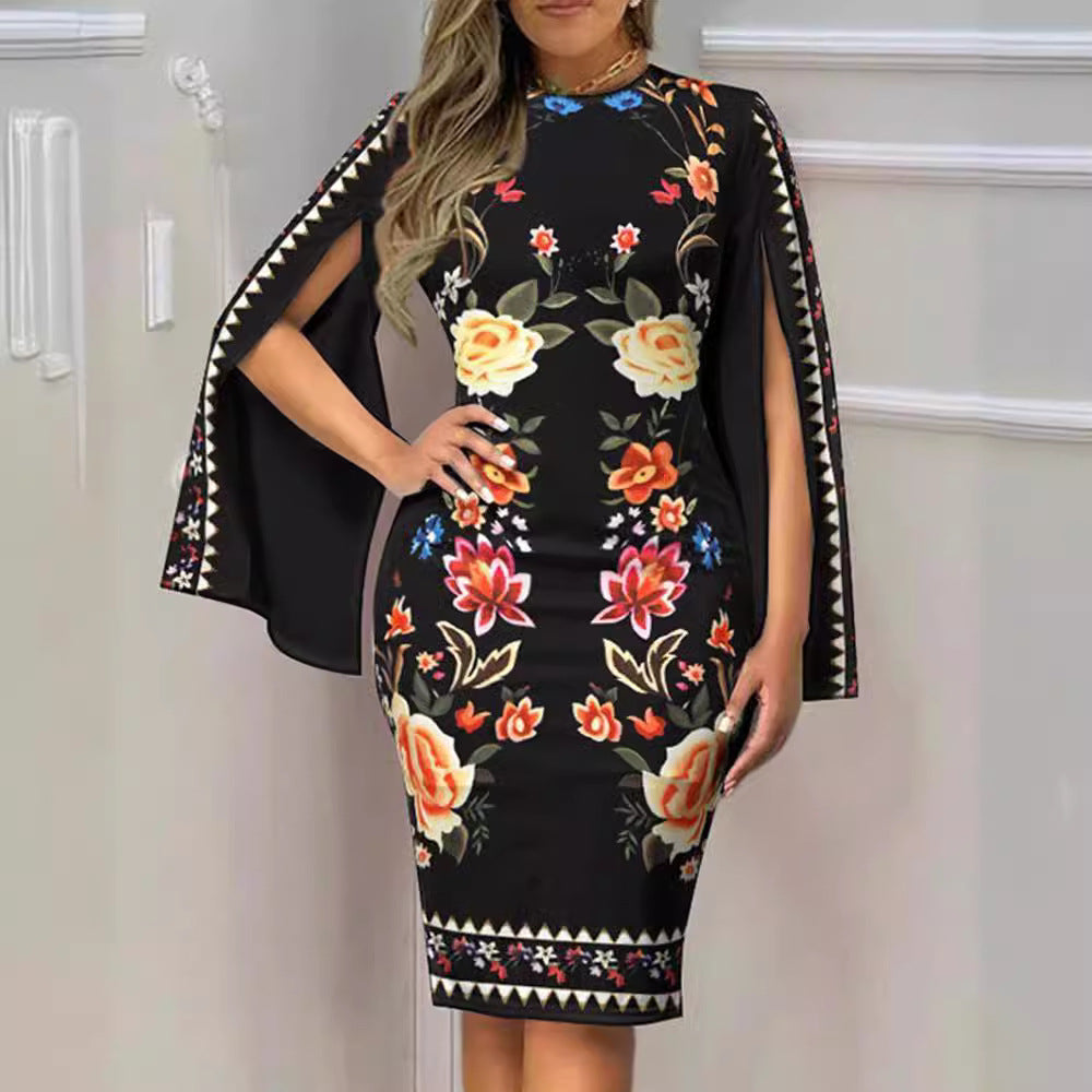 Floral Print Sheath Midi Dress with V-Neck and Slit Sleeves