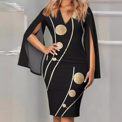 Floral Print Sheath Midi Dress with V-Neck and Slit Sleeves