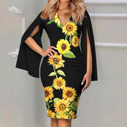 Floral Print Sheath Midi Dress with V-Neck and Slit Sleeves