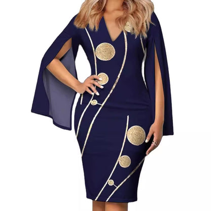 Floral Print Sheath Midi Dress with V-Neck and Slit Sleeves