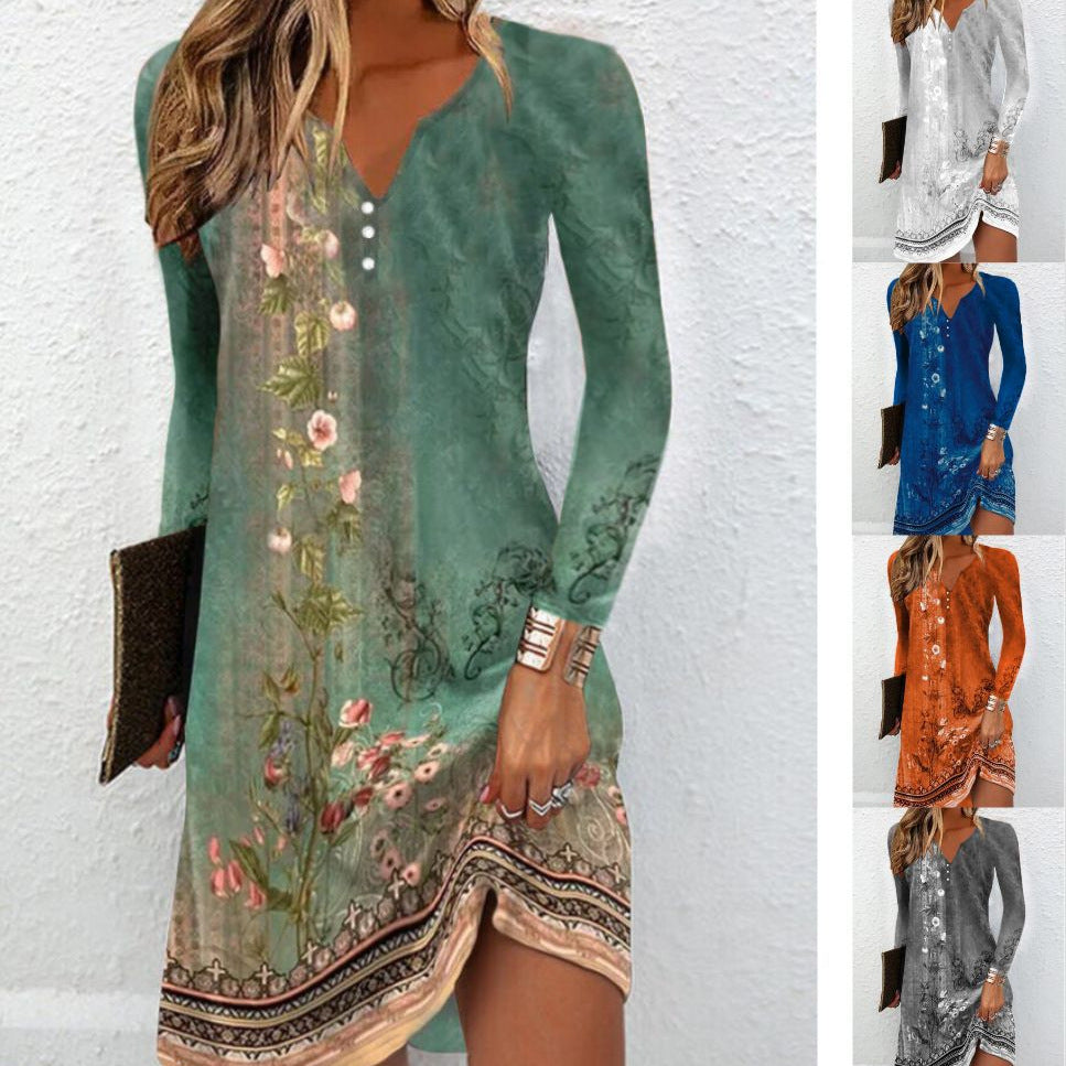 Mixed Floral Print Shift Dress with V-Neck Buttons