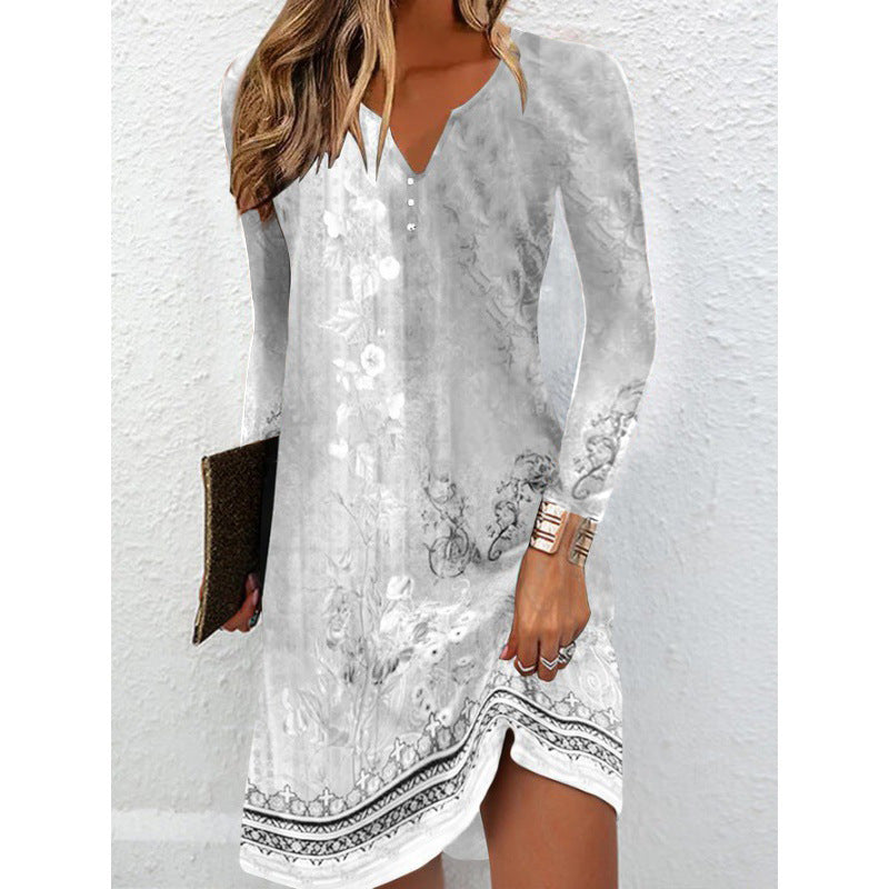 Mixed Floral Print Shift Dress with V-Neck Buttons