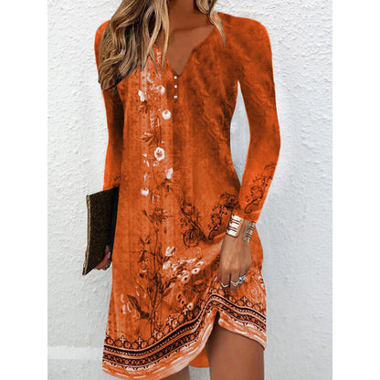 Mixed Floral Print Shift Dress with V-Neck Buttons