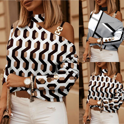 Geometric Print Blouse with Choker Neck and Chain Shoulder
