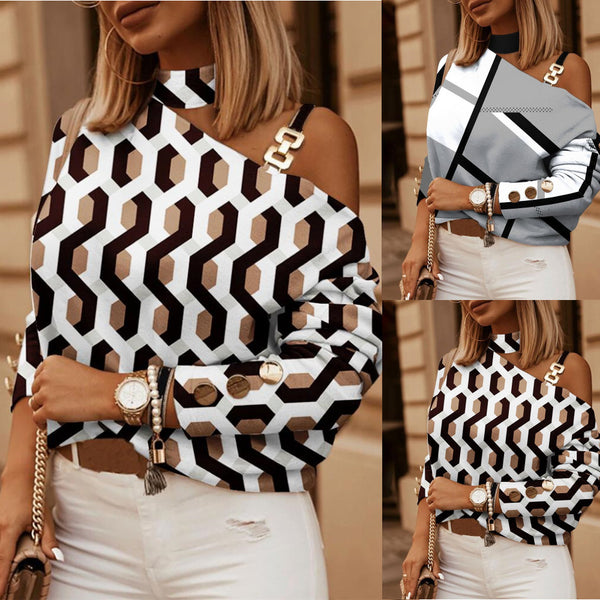 Geometric Print Blouse with Choker Neck and Chain Shoulder