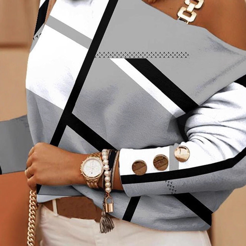 Geometric Print Blouse with Choker Neck and Chain Shoulder