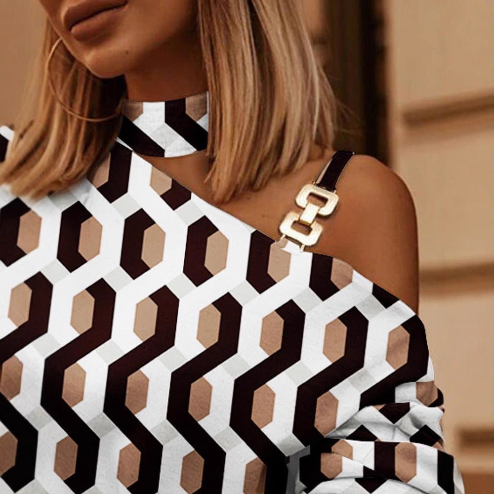 Geometric Print Blouse with Choker Neck and Chain Shoulder