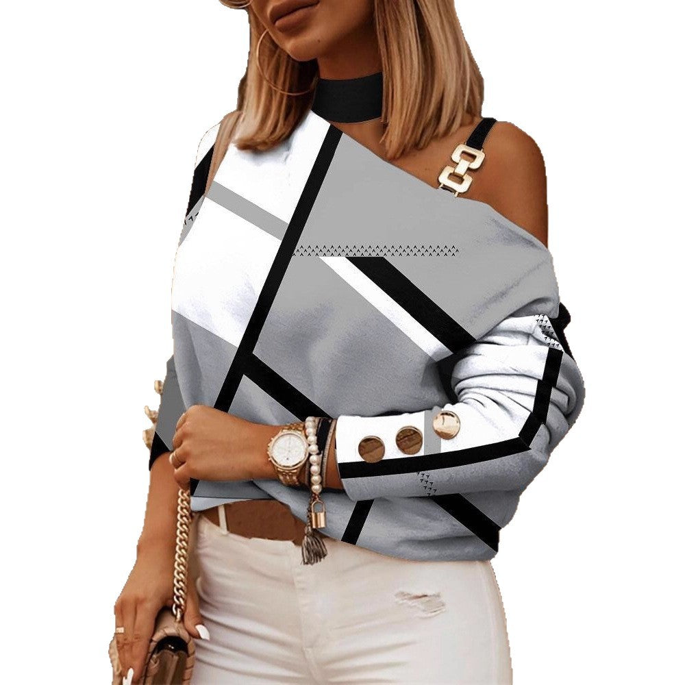 Geometric Print Blouse with Choker Neck and Chain Shoulder