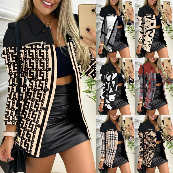 Geometric Pattern Shacket with Color Block and Lapel Collar