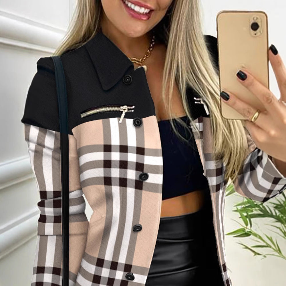 Geometric Pattern Shacket with Color Block and Lapel Collar