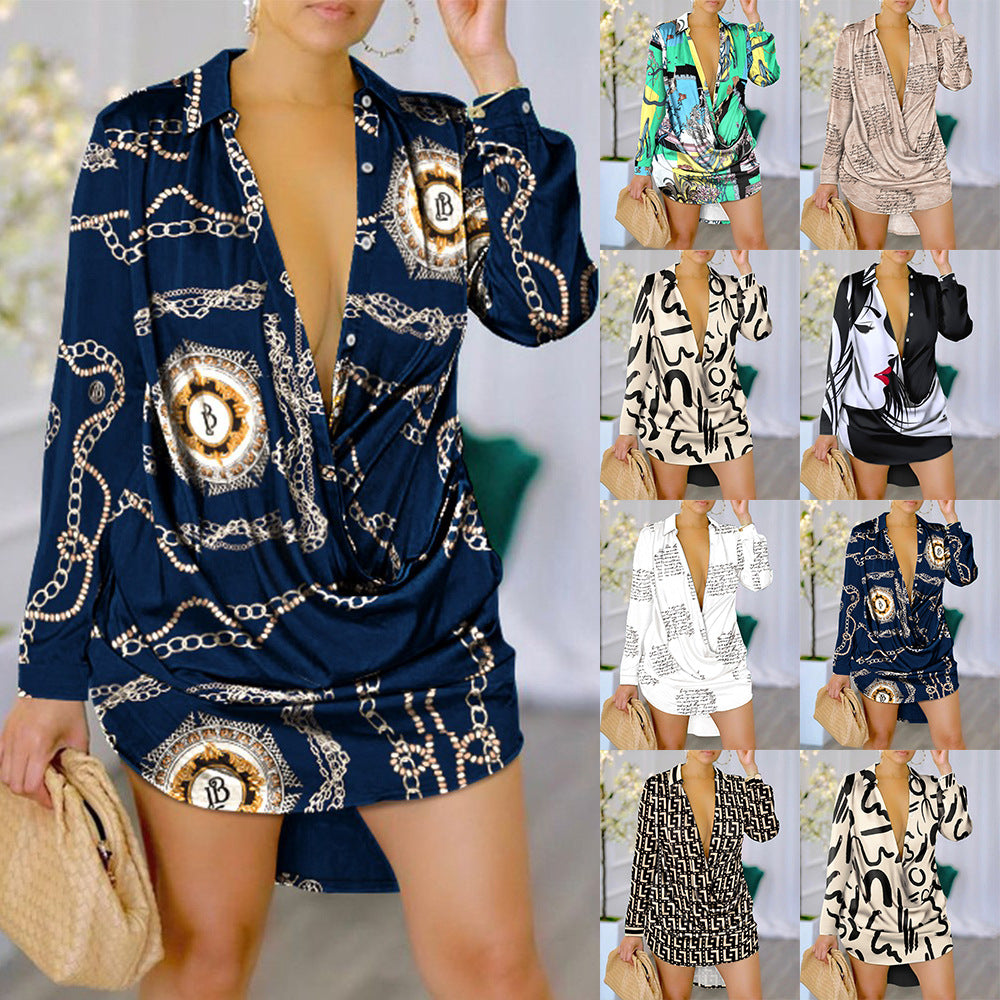 Chain Print Mini Shirt Dress with Draped Front