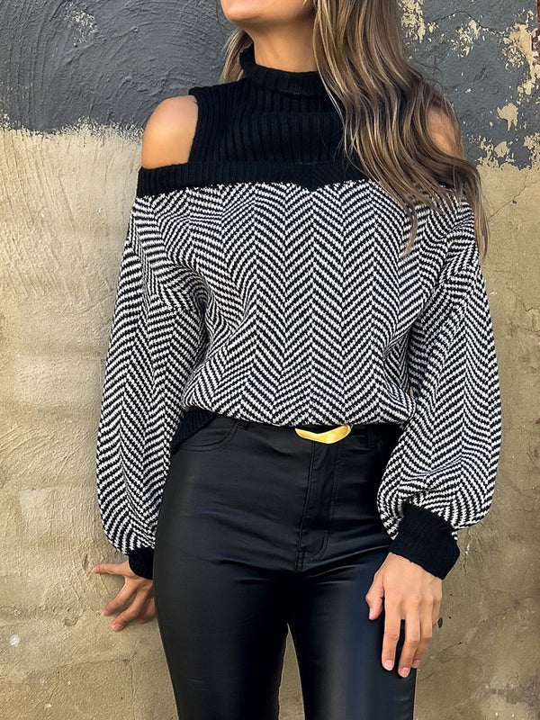Herringbone Sweater with Cold Shoulder and Ribbed Turtleneck