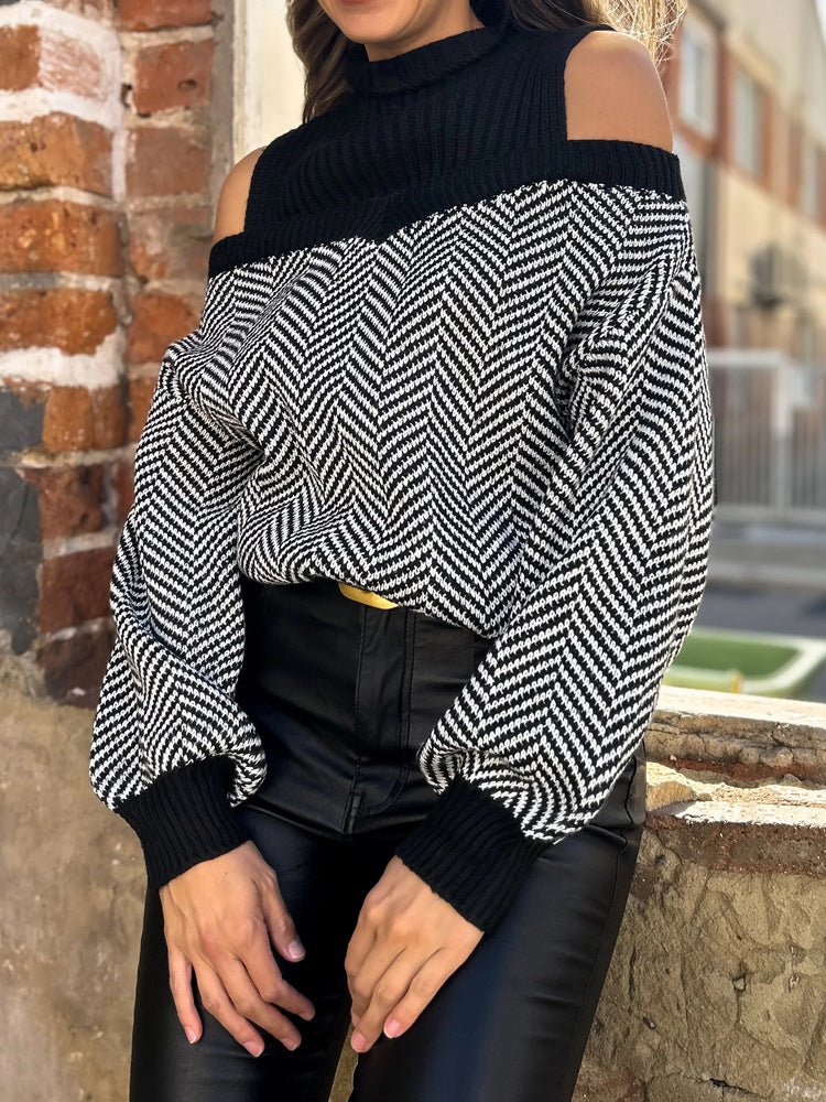 Herringbone Sweater with Cold Shoulder and Ribbed Turtleneck