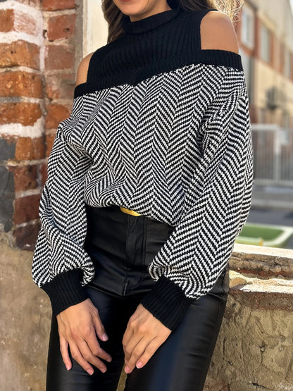 Herringbone Sweater with Cold Shoulder and Ribbed Turtleneck