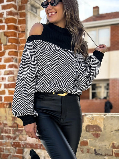 Herringbone Sweater with Cold Shoulder and Ribbed Turtleneck