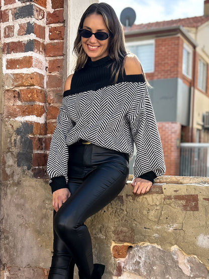 Herringbone Sweater with Cold Shoulder and Ribbed Turtleneck