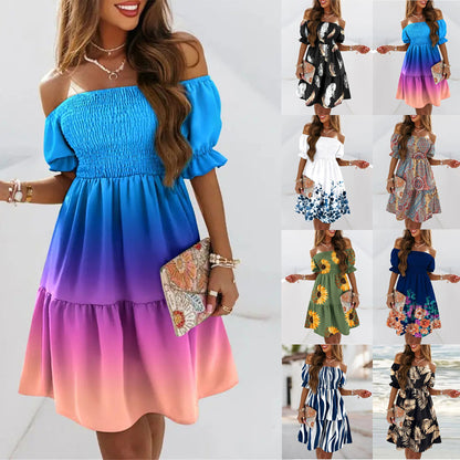 Printed Off-Shoulder Mini Dress with Smocked Bodice
