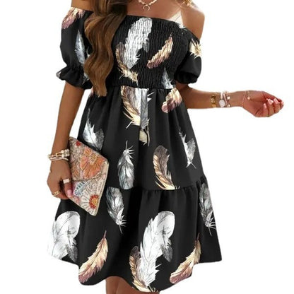 Printed Off-Shoulder Mini Dress with Smocked Bodice
