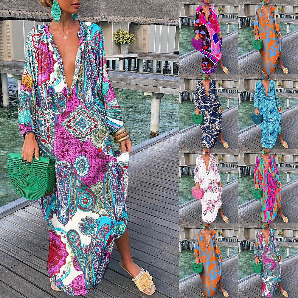 Abstract Print Maxi Dress with V-Neck and Long Sleeves