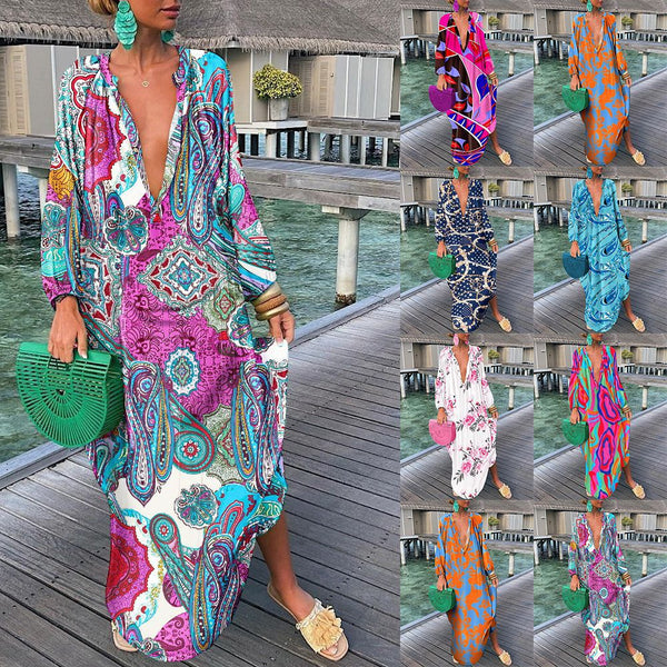 Abstract Print Maxi Dress with V-Neck and Long Sleeves