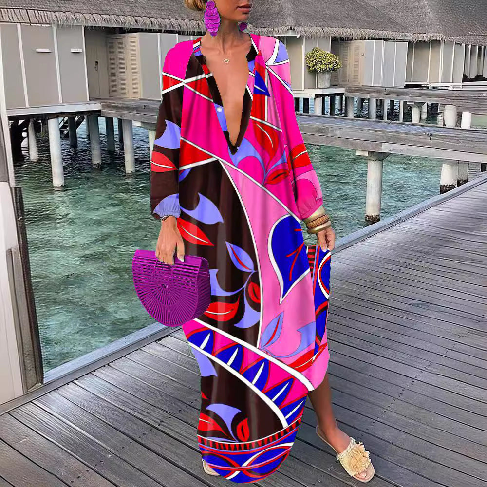 Abstract Print Maxi Dress with V-Neck and Long Sleeves