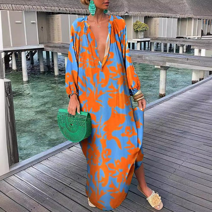 Abstract Print Maxi Dress with V-Neck and Long Sleeves