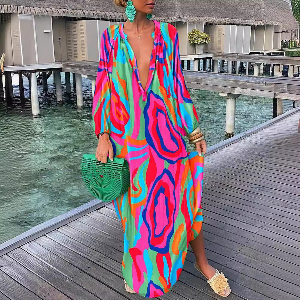 Abstract Print Maxi Dress with V-Neck and Long Sleeves