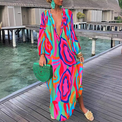 Abstract Print Maxi Dress with V-Neck and Long Sleeves