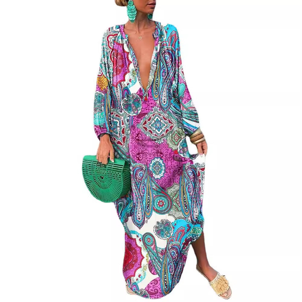 Abstract Print Maxi Dress with V-Neck and Long Sleeves