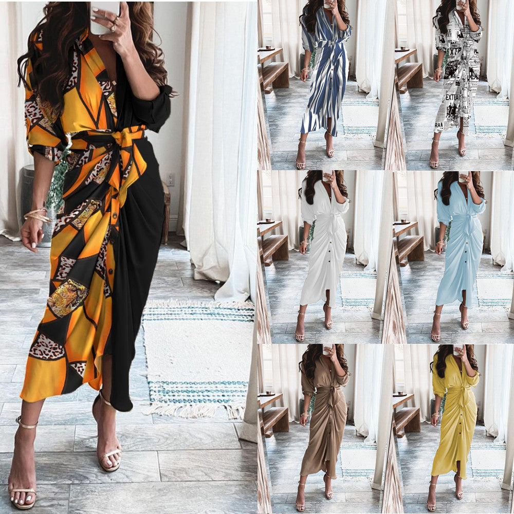 Printed Wrap Midi Dress with Button Front and Tie Waist
