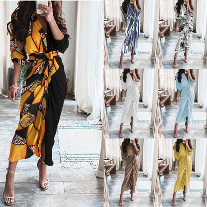 Printed Wrap Midi Dress with Button Front and Tie Waist