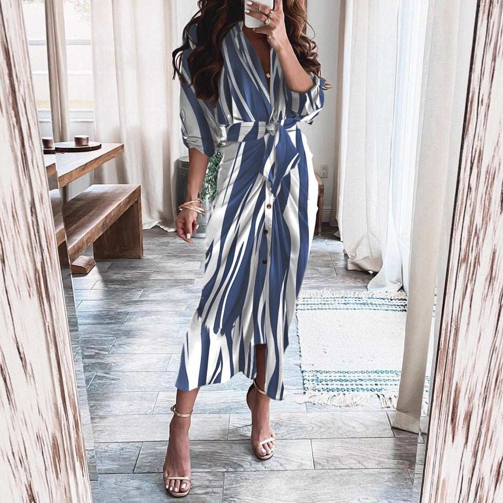 Printed Wrap Midi Dress with Button Front and Tie Waist
