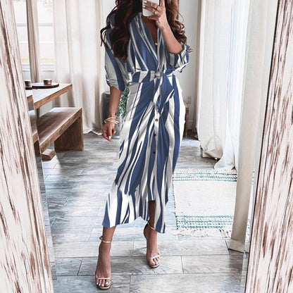 Printed Wrap Midi Dress with Button Front and Tie Waist