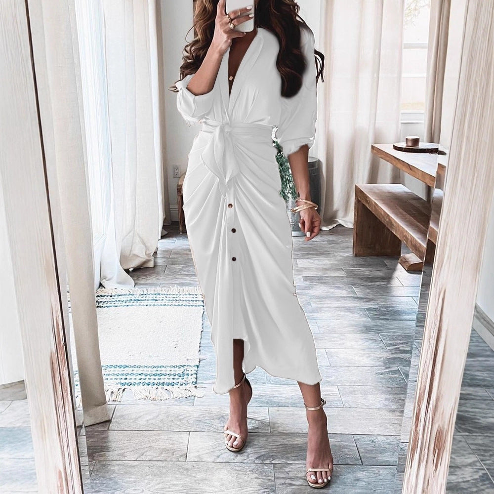 Printed Wrap Midi Dress with Button Front and Tie Waist