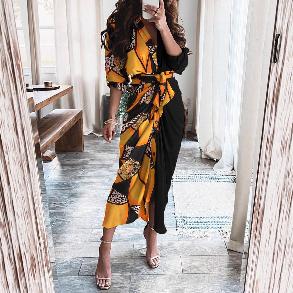 Printed Wrap Midi Dress with Button Front and Tie Waist