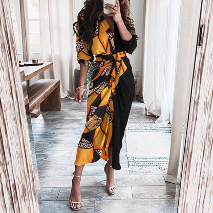 Printed Wrap Midi Dress with Button Front and Tie Waist