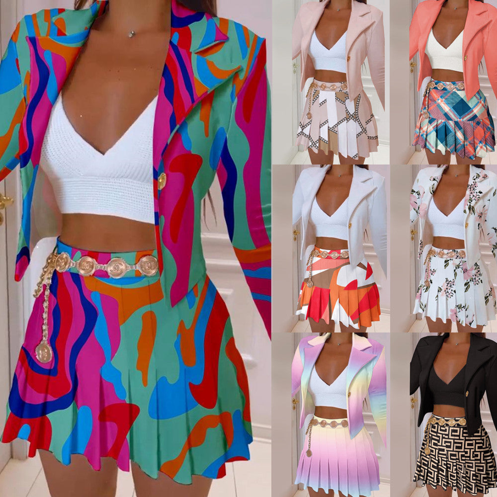 Colorful Abstract Print Blazer & Skirt Set with Pleated Mini Skirt