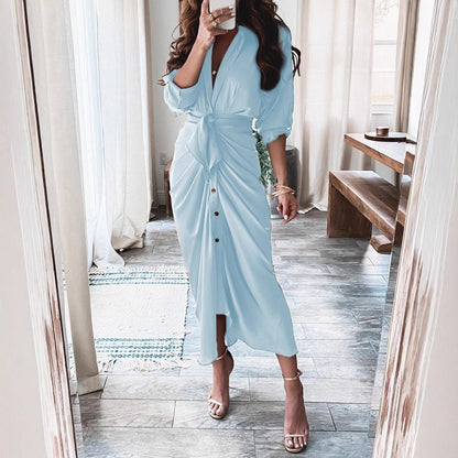 Printed Wrap Midi Dress with Button Front and Tie Waist