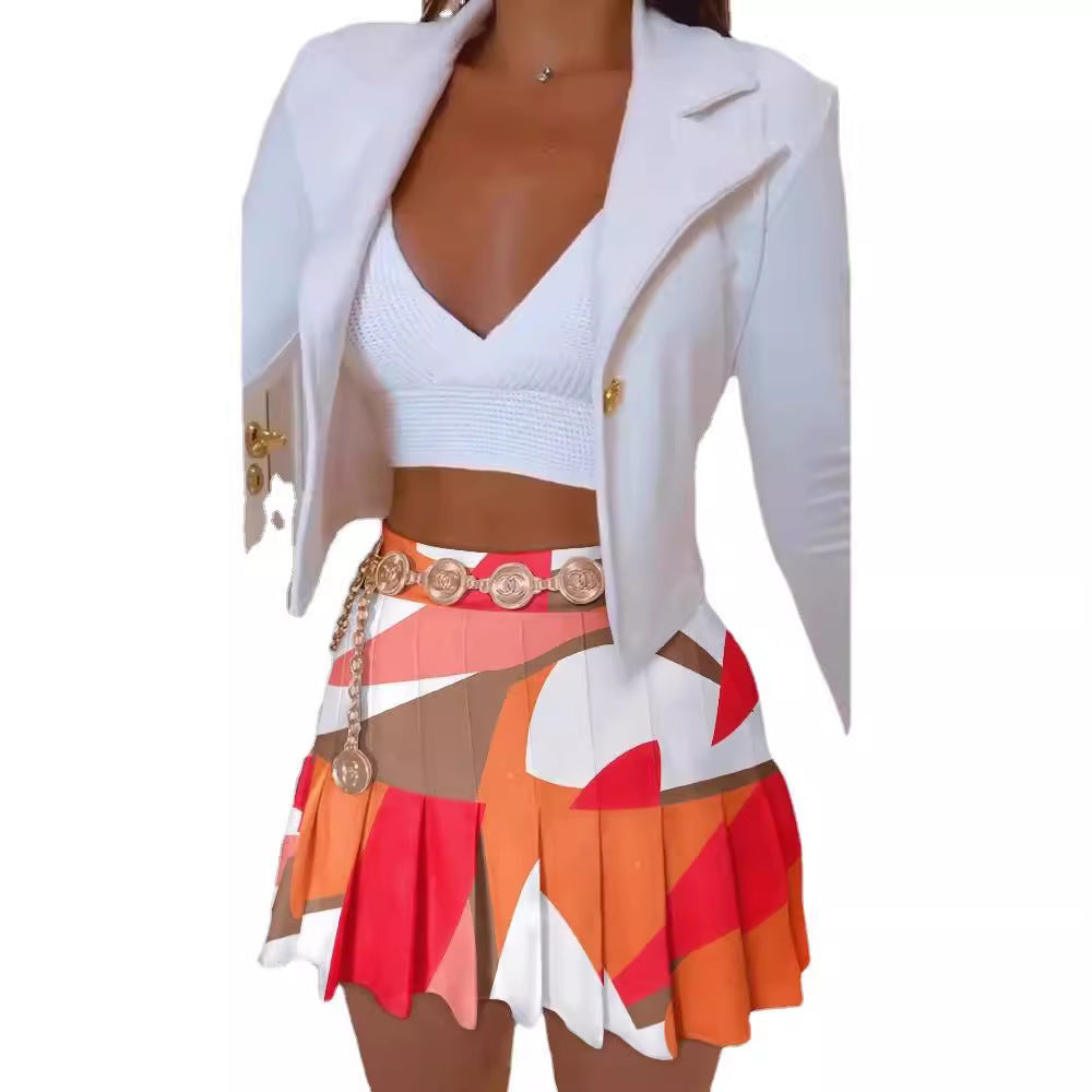 Colorful Abstract Print Blazer & Skirt Set with Pleated Mini Skirt
