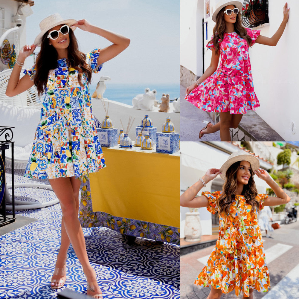 Vibrant Floral Print Tiered Mini Dress with Horn Sleeves