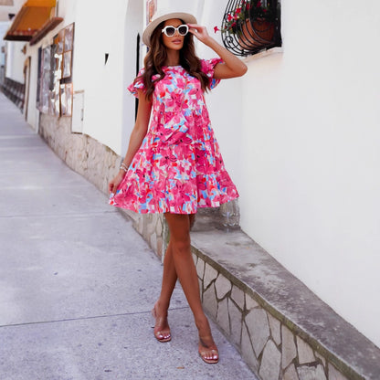 Vibrant Floral Print Tiered Mini Dress with Horn Sleeves