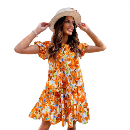 Vibrant Floral Print Tiered Mini Dress with Horn Sleeves