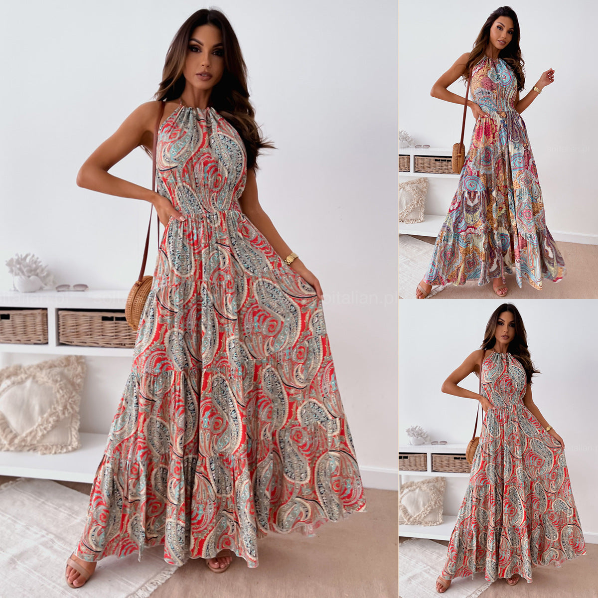 Bohemian Paisley Print Maxi Dress with Halter Neck