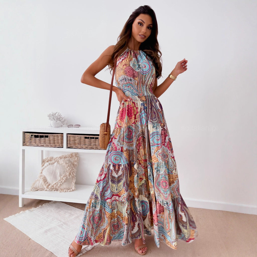 Bohemian Paisley Print Maxi Dress with Halter Neck