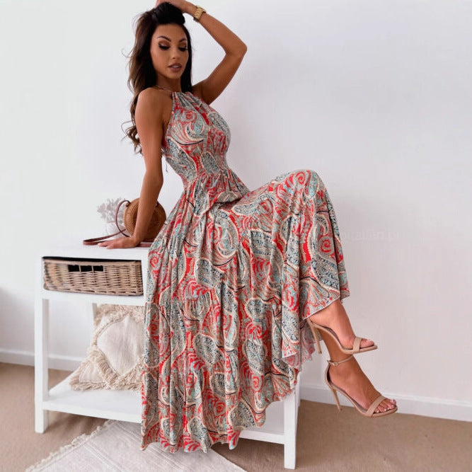 Bohemian Paisley Print Maxi Dress with Halter Neck