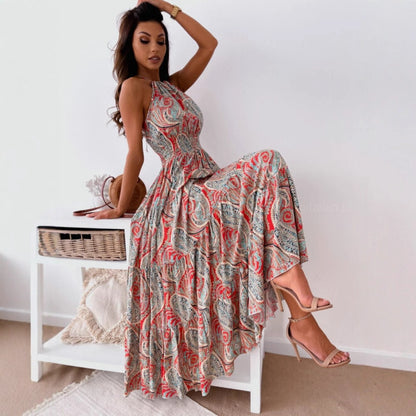 Bohemian Paisley Print Maxi Dress with Halter Neck