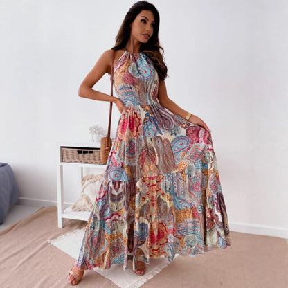Bohemian Paisley Print Maxi Dress with Halter Neck