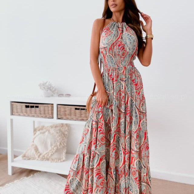 Bohemian Paisley Print Maxi Dress with Halter Neck