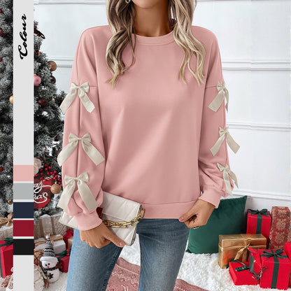 Loose Solid Sweatshirt with Bowknot Sleeve Details