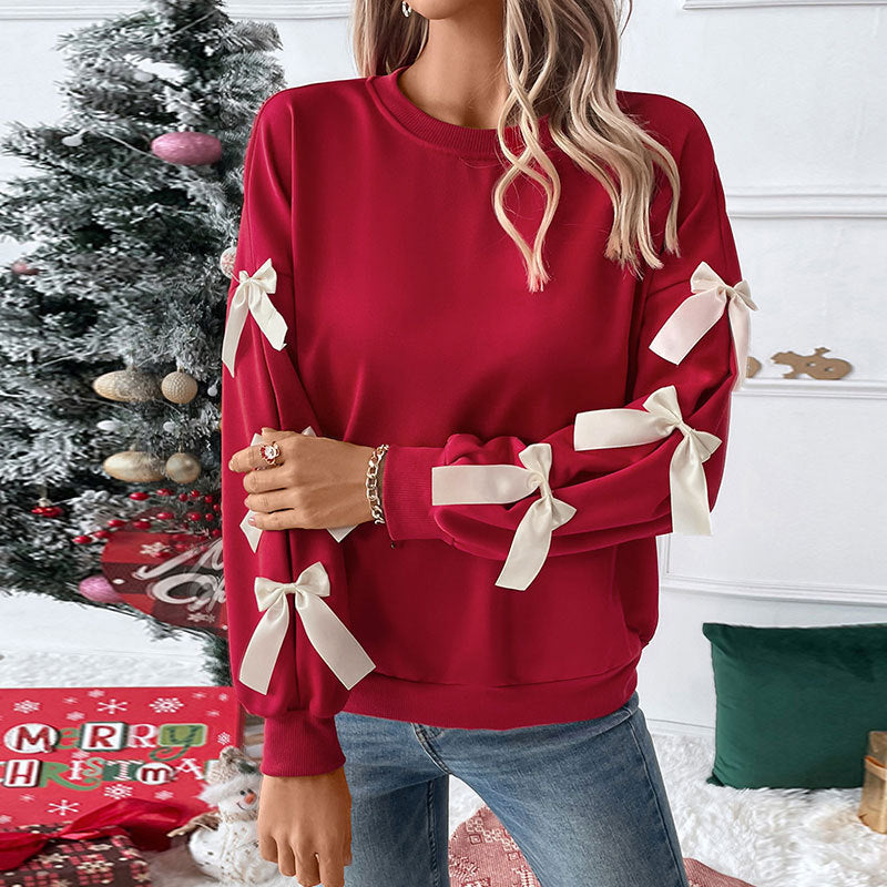 Loose Solid Sweatshirt with Bowknot Sleeve Details